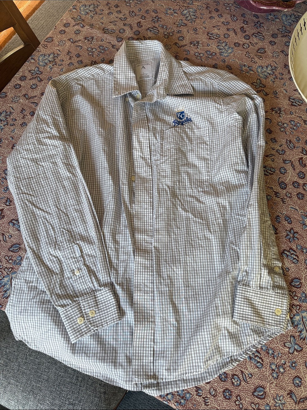 Antigua KC Royals, men’s long sleeve button down dress shirt l gingham